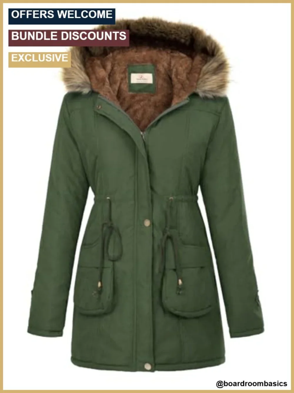 Women's Hooded Fleece-Lined Winter Parka with Drawstring Waist - Olive Green